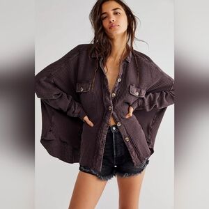 Free People Scout Oversized Waffle Knit Jacket | Slouchy Boho Shacket Brown